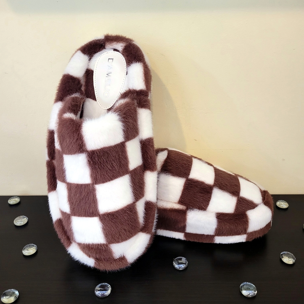 D'Amelio Brown and White Checkered Comfy Faux Fur Slides Shoes